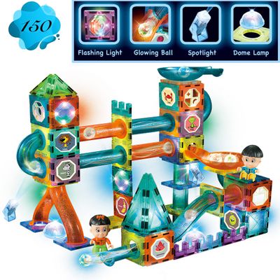 Glowing Magnetic Tiles Marble Run Race Track Super Set - 150 Complete Pieces Glow in The Dark STEM Magnetic Building Blocks Gravity Marble Maze Games for Toddlers Kids Boys Girls Ages 3+ Years