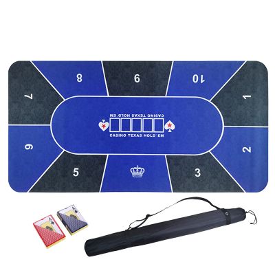 10 Player Poker Mat, Texas Hold'em Poker Mat with 2 Decks Playing Cards and Carrying Bag, Rubber Non-Slip Poker Table Top, 120x60cm/180x90cm (Blue)
