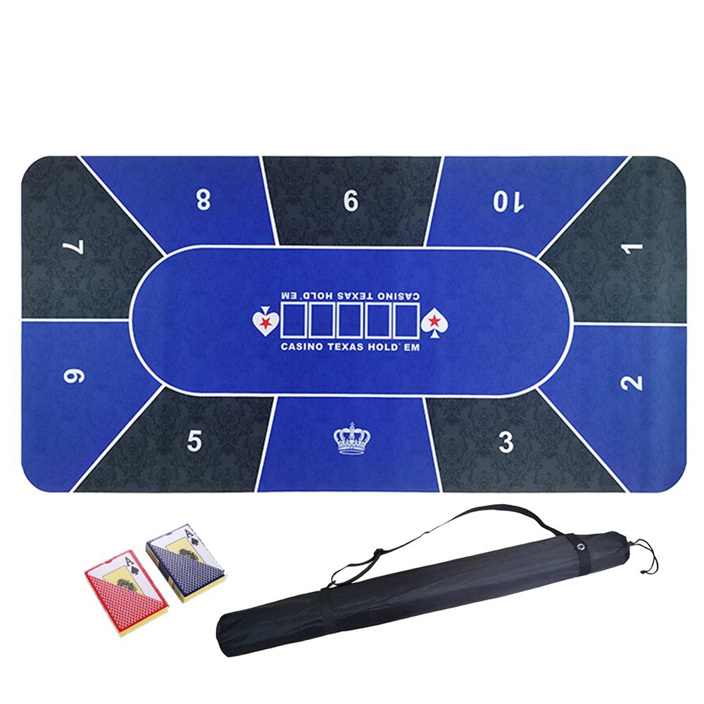 10 Player Poker Mat, Texas Hold'em Poker Mat with 2 Decks Playing Cards and Carrying Bag, Rubber Non-Slip Poker Table Top, 120x60cm/180x90cm (Blue)