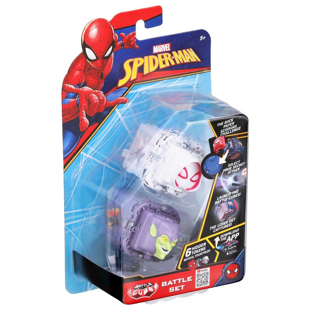 Battle Cubes - 2-Pack Marvel Spider-Man, Spider-Gwen VS Green Goblin, Unleash Power, Launch Attack, 2 Cubes & 6 Tokens, RPS Auto-Battle System, Battle Cube APP, Collectible Pocket-Sized Game, Ages 5+