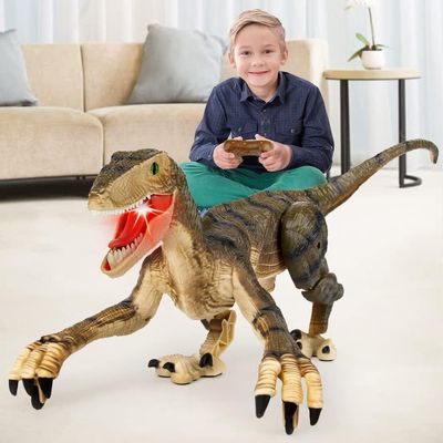 Mini Tudou Large Remote Control Dinosaur Toys 17.7",Electronic Walking Toys with LED Light Up&Realistic Simulation Sounds,2.4Ghz Velociraptor Robot Toy,RC Dinosaur Toy for Boys Kids Age 5 6 7 8 9