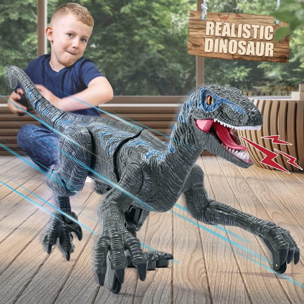 Mini Tudou Large Remote Control Dinosaur Toys 17.7",Electronic Walking Velociraptor with Lights and Sounds,2.4G Dinosaur Robot Toys Powered by Rechargeable Battery,RC Toy for Kids Boys Girls