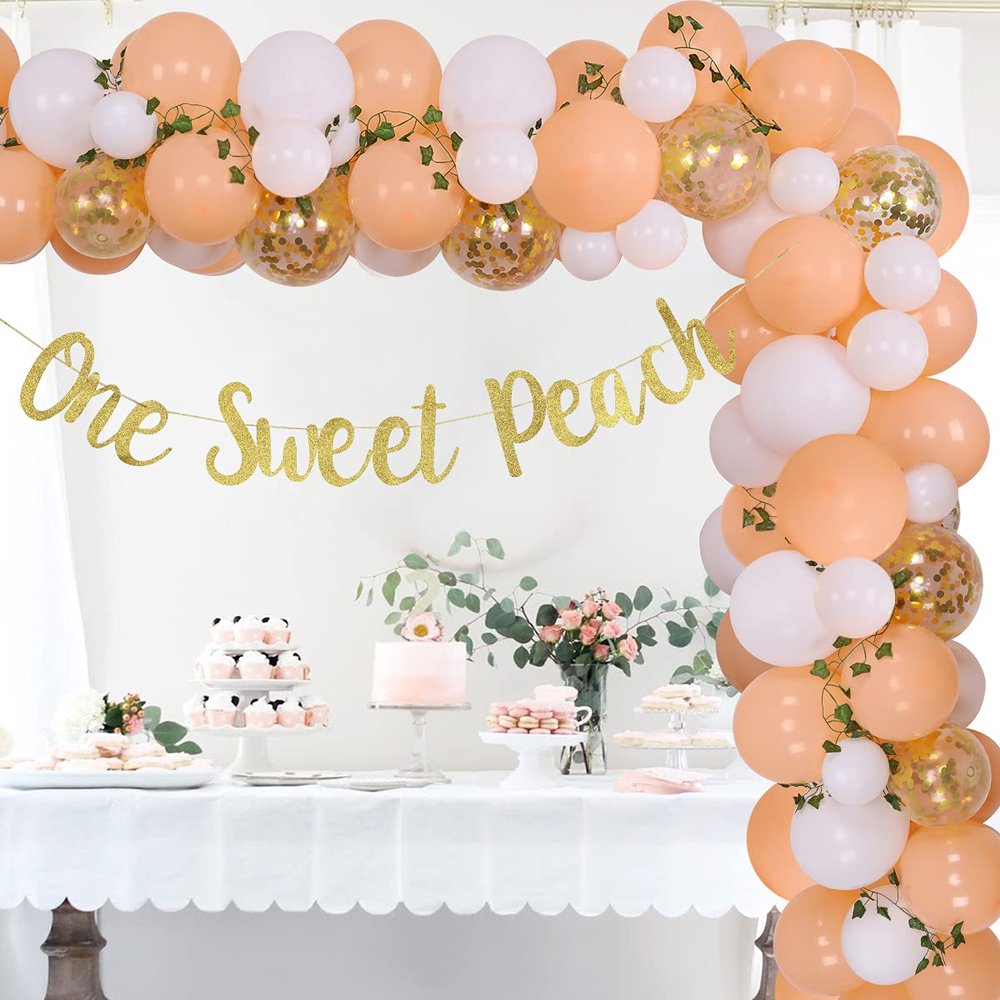 Fangleland Peach Birthday Decorations for Girls, Peach Balloon Arch Garland kit One Sweet Fruit Banner 1st Birthday Party Supplies
