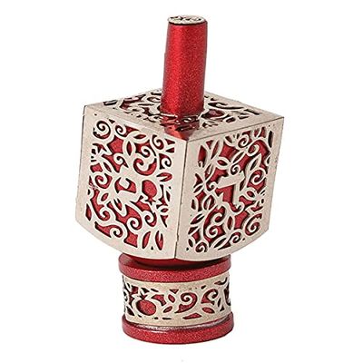 Yair Emanuel Decorative Dreidel with Stand | Pomegranates Cutout Design | Hanukkah Gift Jewish Decorations (Red, Medium)
