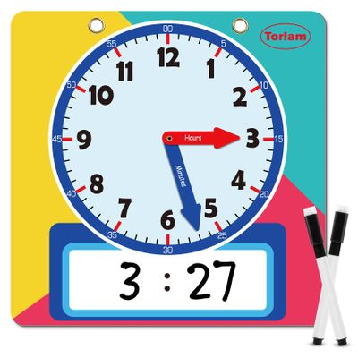 Magnetic Writable Dry Erase Learning Clock | Clock for Kids Learning to Tell Time | Large 12" Demonstration Teaching Time Practice Clock with Dry Erase Writing Surface | Pen Included | (Rainbow)