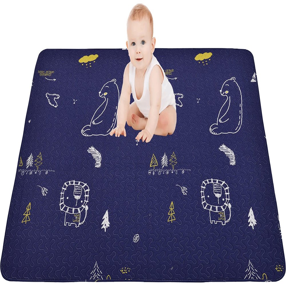 Machine Washable Baby Play Mat 63x43, Baby Playpen Mat Extra Large, Foldable Baby Play Mats for Infants, Toddler Playing Rug Pad, Non Slip Crawling Mat for Floor Dark blue-bear