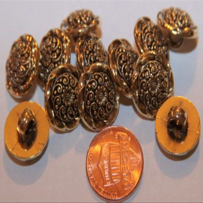 12 Gold Tone Plastic Buttons (SRAI) Domed Intricate 9/16" 15mm