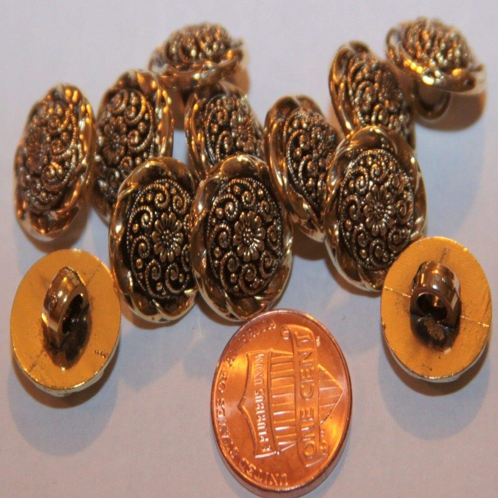 12 Gold Tone Plastic Buttons (SRAI) Domed Intricate 9/16" 15mm