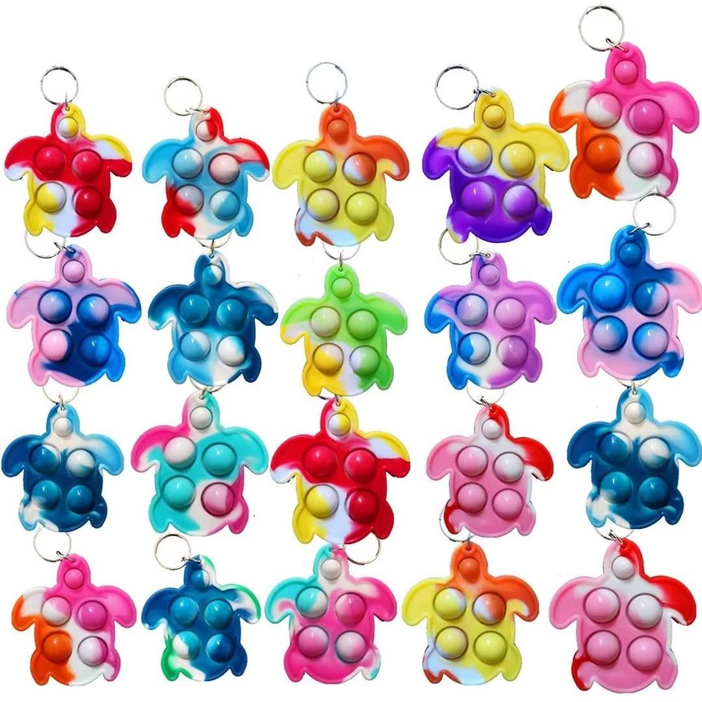 Roaqua 20 pcs Rainbow Mini Pop Turtle Fidget Keychain ToyParty Fidgets Favors Toys Bubble Wrap Pop Anxiety Stress Reliever Stuents Gift