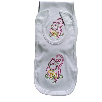 Happy Monkey Eats Custom Embroidered Bib and Burp Cloth Set
