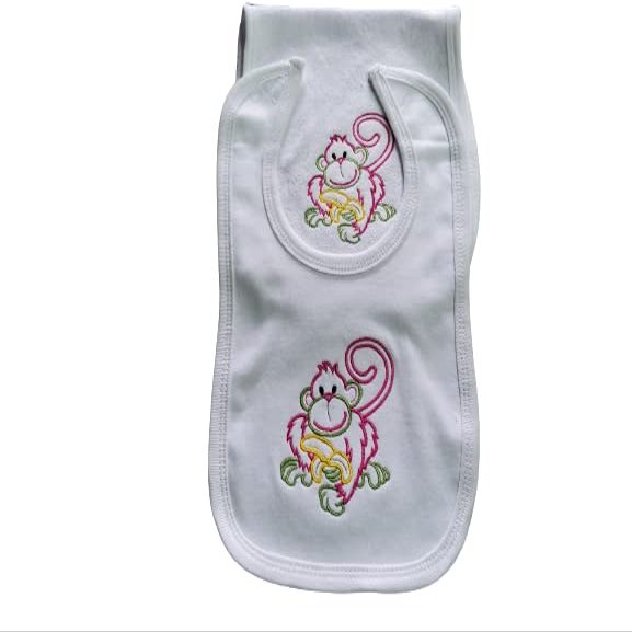 Happy Monkey Eats Custom Embroidered Bib and Burp Cloth Set