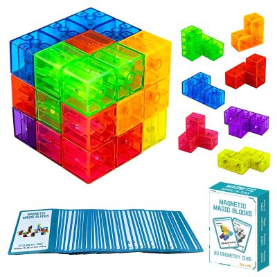 OUXIA Magnetic Building Blocks Magic Magnetic 3D Puzzle Cubes, Set of 7 Multi Shapes Magnetics Blocks with 54 Guide Cards, Children's Educational Toys and Stress Relief Fidget Toys for Kids Adults