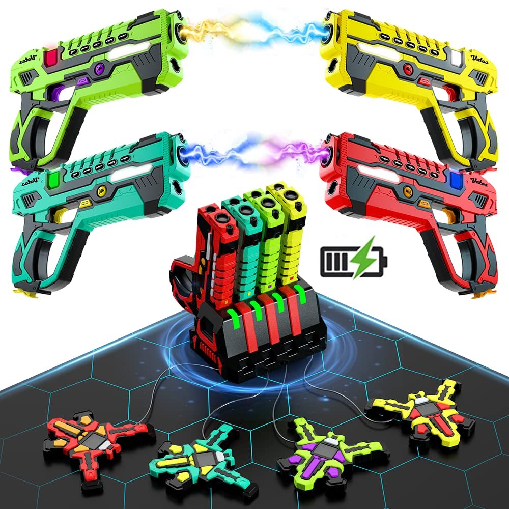VATOS Rechargeable Laser Tag Set of 4-2.4GHz Data SYNC Display +LCDs + Charging Station Laser Tag 4 Player with Vests | Infrared Laser Guns Set Game for Kids Teen Adults Family Group Activity