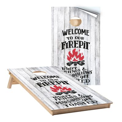 Cornhole Wraps #434 -Welcome to Our Firepit Cornhole Graphic Decals - Includes Application Squeegee - Set of (2) 25" x 49" Wraps with Gloss Laminate