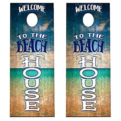 Cornhole Wraps #437 - Welcome to The Beach House Cornhole Game Graphic Decals - Includes Application Squeegee - Set of (2) 25" x 49" Wraps with Gloss Laminate