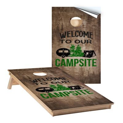 Cornhole Wraps #439 - Welcome to Our Campsite Cornhole Game Graphic Decals - Includes Application Squeegee - Set of (2) 25" x 49" Wraps with Gloss Laminate