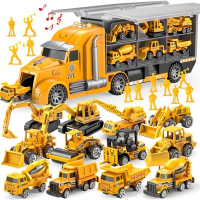 JOYIN 25 in 1 Kids Construction Truck Toy Set, 24Pcs Push and Go Cars and Worker Figures, Toddler Play Vehicles with Sounds and Light, Birthday Gifts for 3 4 5 6 7 Years Old Grandkids, Easter Basket