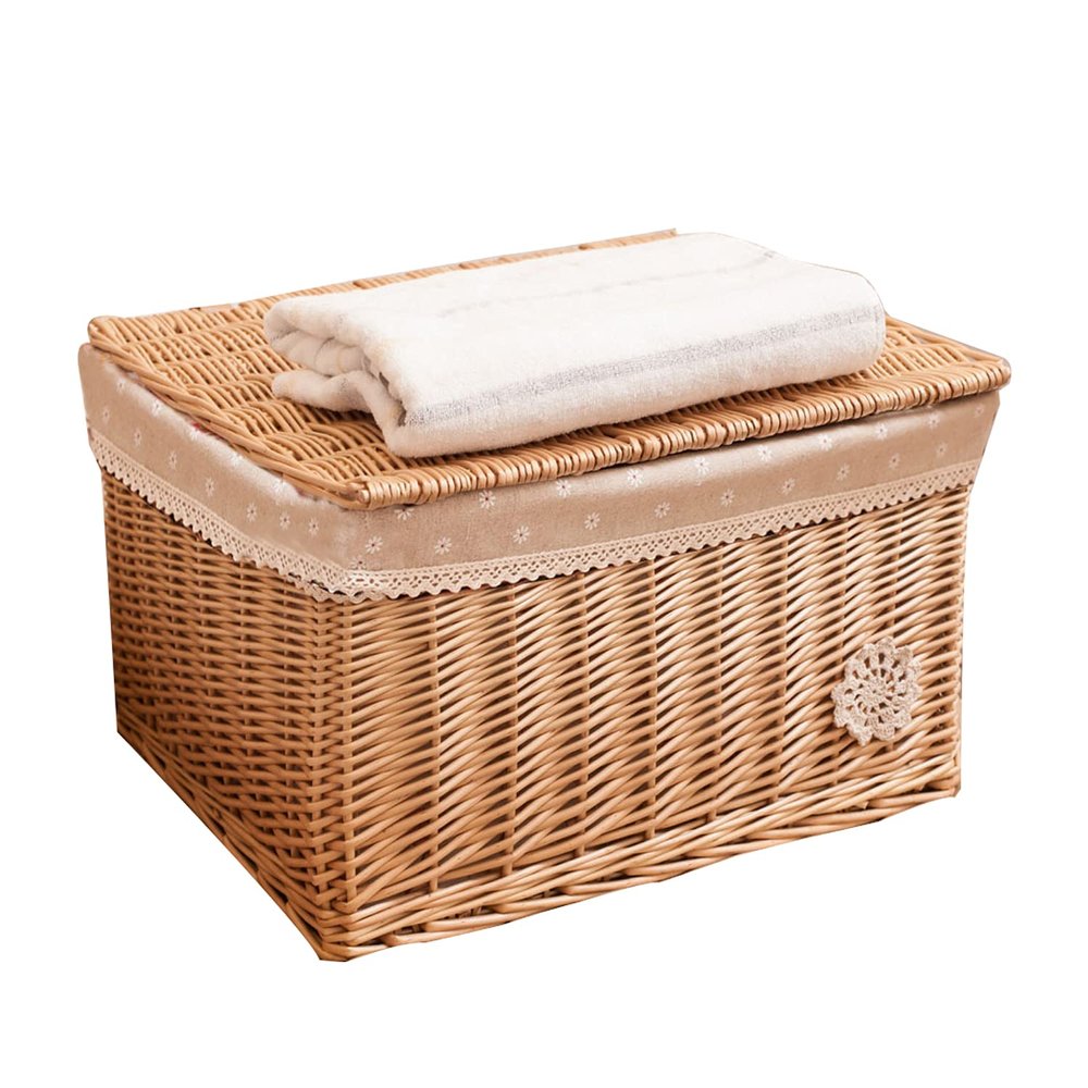 YRHH Woven Storage Basket, Wicker Basket Woven Square Basket with Lid,Organiser Bathroom Basket Multi-Purpose Basket,Clothing Fruit Book Newspaper Toy Storage-B||M