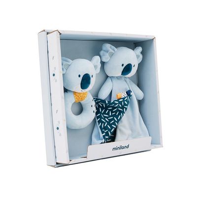 Miniland Newborn Baby Gift Pack | Doudou and Sensory Rattle Set | Soft and Safe Comfort Toy, 100% Washable | Ideal for Baby Shower Gifts | 0 Months | Blue | Koala