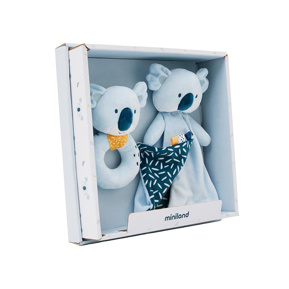 Miniland Newborn Baby Gift Pack | Doudou and Sensory Rattle Set | Soft and Safe Comfort Toy, 100% Washable | Ideal for Baby Shower Gifts | 0 Months | Blue | Koala