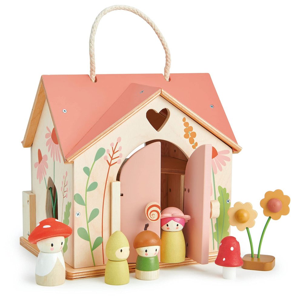 Tender Leaf Toys - Rosewood Cottage - Portable Furnished Wooden 2-Story Dollhouse Set with Handle, 4 Pcs Miniature Toadstool Family with 10 Accessories - Pretend Play Gift for Kids - Age 3+