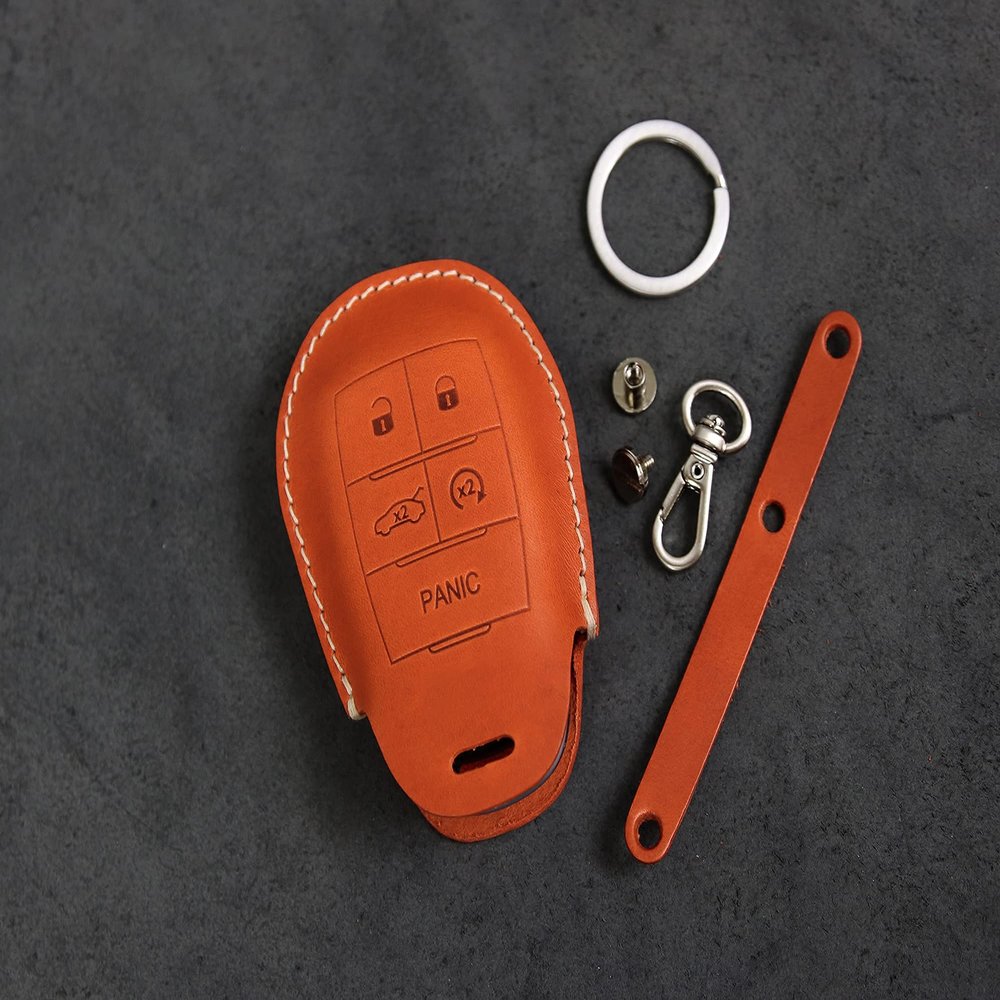 Leather Brut[ALF-01-5B] Key Fob Cover for Alfa Romeo - Giulia Stelvio 4C Mito Giulietta - 5 Buttons - Italian Veg-Tanned Leather (Orange, Hardware #2)