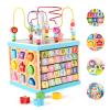 Qilay Wooden Activity Cube for Toddlers (Large), 5 in 1 Multipurpose ABC-123 Abacus Bead Maze Shape Sorter | Early Educational Toy for Toddlers - First Birthday Present for Boys Girls view 1