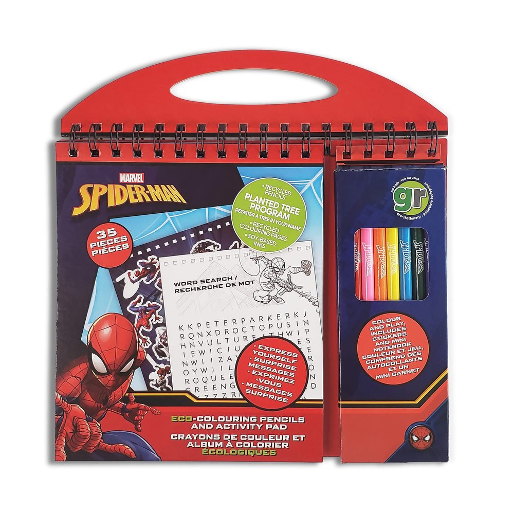 greenre Marvel Spiderman Eco-Colouring and Activity Pad-Coloring Pencils, Mini Notebook, Activity and Sticker Page Sketch Pad - Under Tree Planting Program