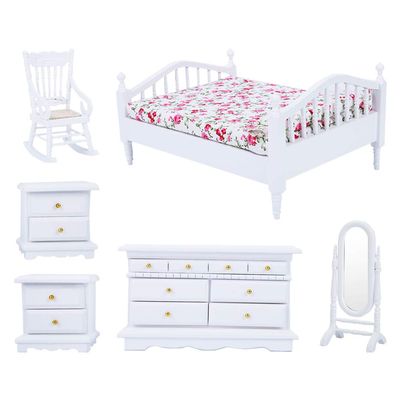 Dolls House Furniture Queen Bed 6pcs Mini Wood Cabinet Mini Furniture Miniature Dollhouse Bed 1:12 Wooden for Doll
