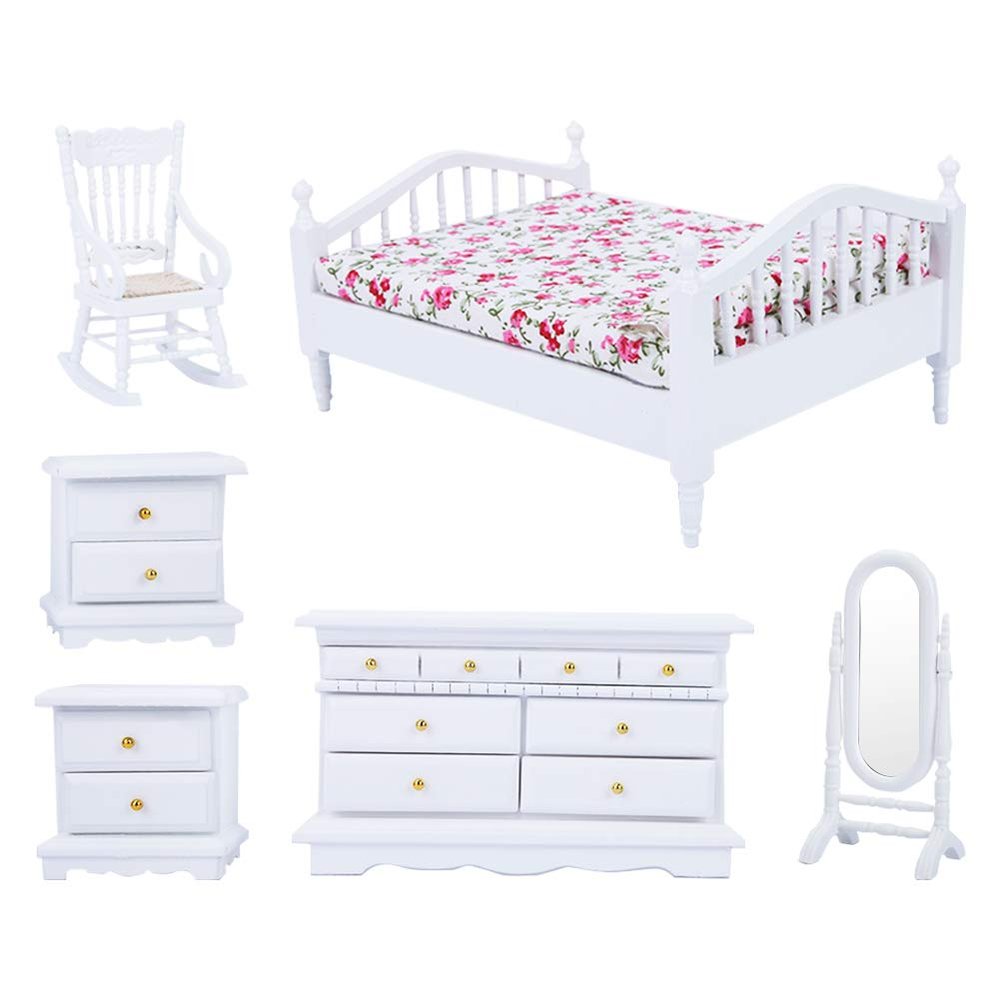 Dolls House Furniture Queen Bed 6pcs Mini Wood Cabinet Mini Furniture Miniature Dollhouse Bed 1:12 Wooden for Doll