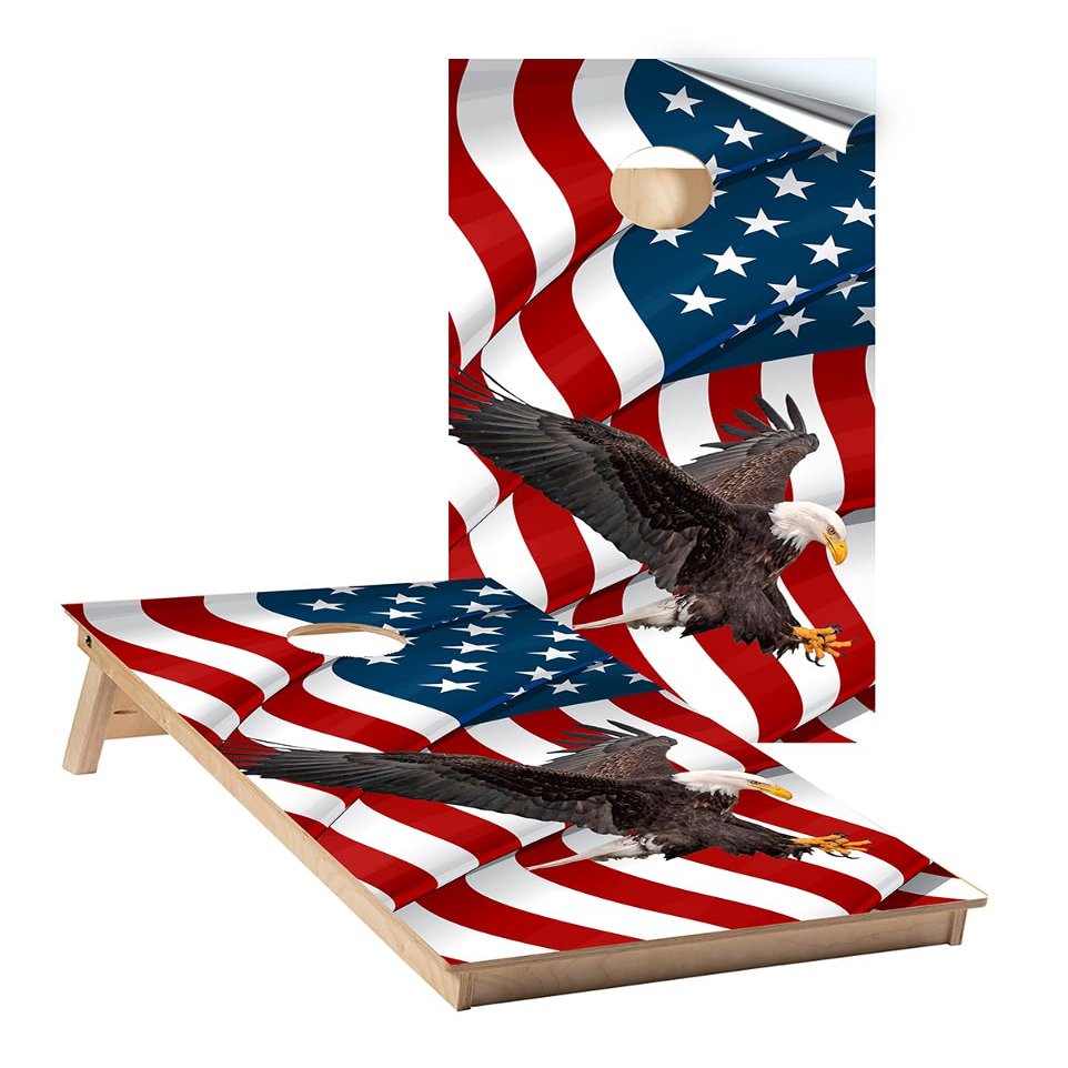 Cornhole Wraps #442 - USA Flag with Eagle Cornhole Game Graphic Decals - Includes Application Squeegee - Set (2) 25" x 49" Wraps with Gloss Laminate