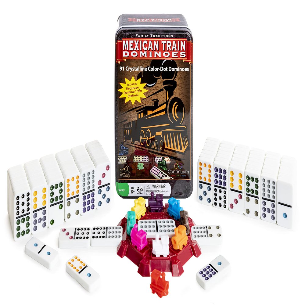 Continuum Games Family Traditions Mexican Train Dominoes Tin, Crystalline Dominoes