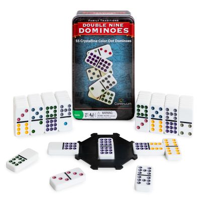 Continuum Games Family Traditions Double 9 Dominoes - 55 Piece Set in Storage Tin, Crystalline Dominoes for Kids and Adults, Classic Game Night and Travel