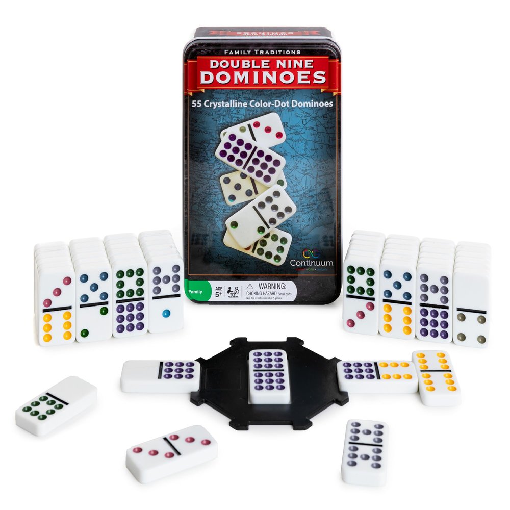 Continuum Games Family Traditions Double 9 Dominoes - 55 Piece Set in Storage Tin, Crystalline Dominoes for Kids and Adults, Classic Game Night and Travel