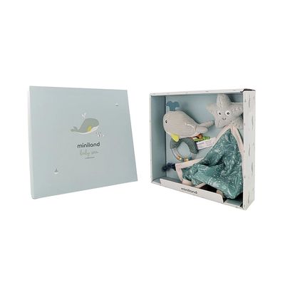 Miniland Newborn Baby Gift Pack, Doudou and Sensory Rattle Set, Soft and Safe Comfort Toy, 100% Washable, Ideal for Baby Shower Gifts, +0 Months, Green | Ocean