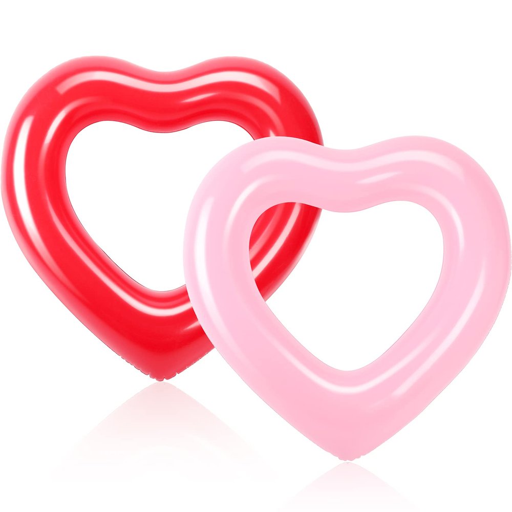 Sumind 2 Pieces Heart Pool Float, 47.3 x 39.4 Inch Inflatable Swim Rings Bachelorette Party Pool Float Tube, Heart Shaped Summer Swimming Ring, Water Beach Party for Adults (Pink, Red)