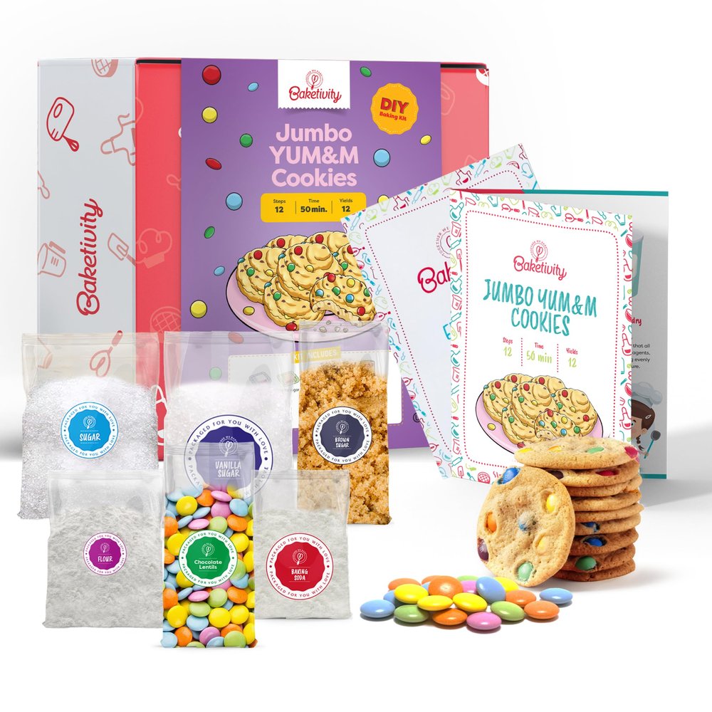 BAKETIVITY Kids Baking DIY Activity Kit - Bake Delicious Yum&m Jumbo Cookies- Real Fun Little Junior Chef Essential Kitchen Lessons, Includes Pre-Measured Ingredients and Easy to Follow Recipe.