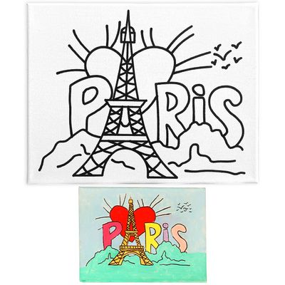 11x14 Pre Drawn Stretched Canvas Painting for Kids | Custom Paris theme | Birthday Gift Eiffel Coloring| Paint Party Favor | DIY Virtual Painting (11x14)