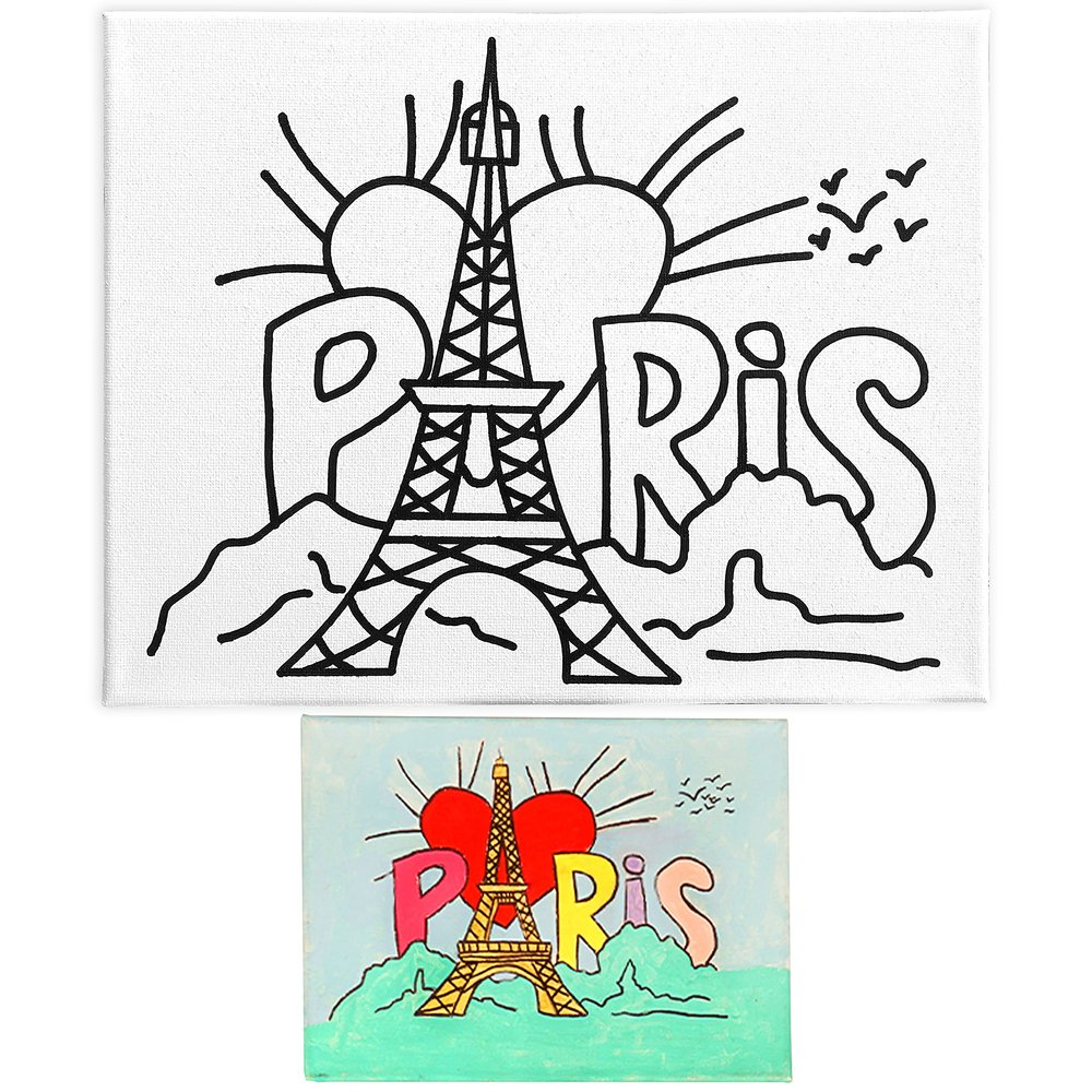 11x14 Pre Drawn Stretched Canvas Painting for Kids | Custom Paris theme | Birthday Gift Eiffel Coloring| Paint Party Favor | DIY Virtual Painting (11x14)