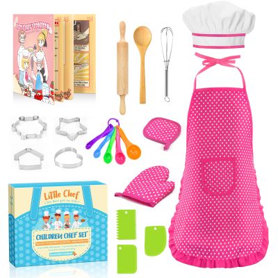 Toyze Gifts for 3-8 Year Old Girls, Kids Cooking Set with Apron, Chef Hat, Cookbook - 20pc Pink