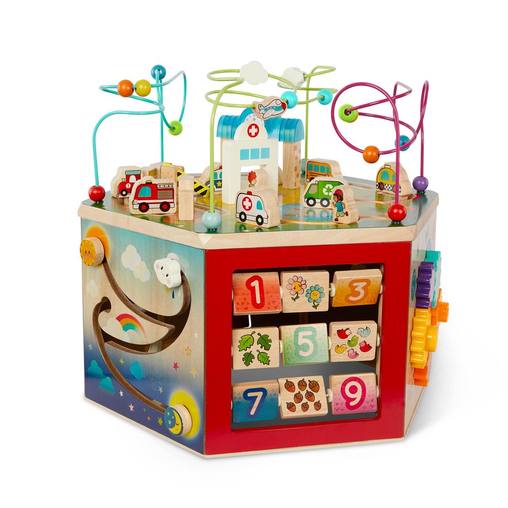 Battat  Wooden Activity Cube  City  Themed Activity Center  Educational Toys  Wooden Toys for Toddlers and Kids  1 Year +