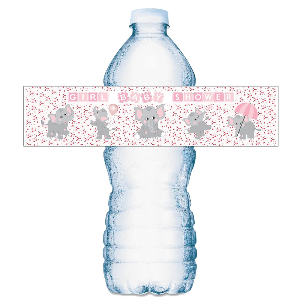 25 Pink Elephants Water Bottle Labels for Baby Shower Party ; Waterproof Water Bottle Wrappers; Its a Girl Water Bottle Stickers Labels Decorations. Made in USA