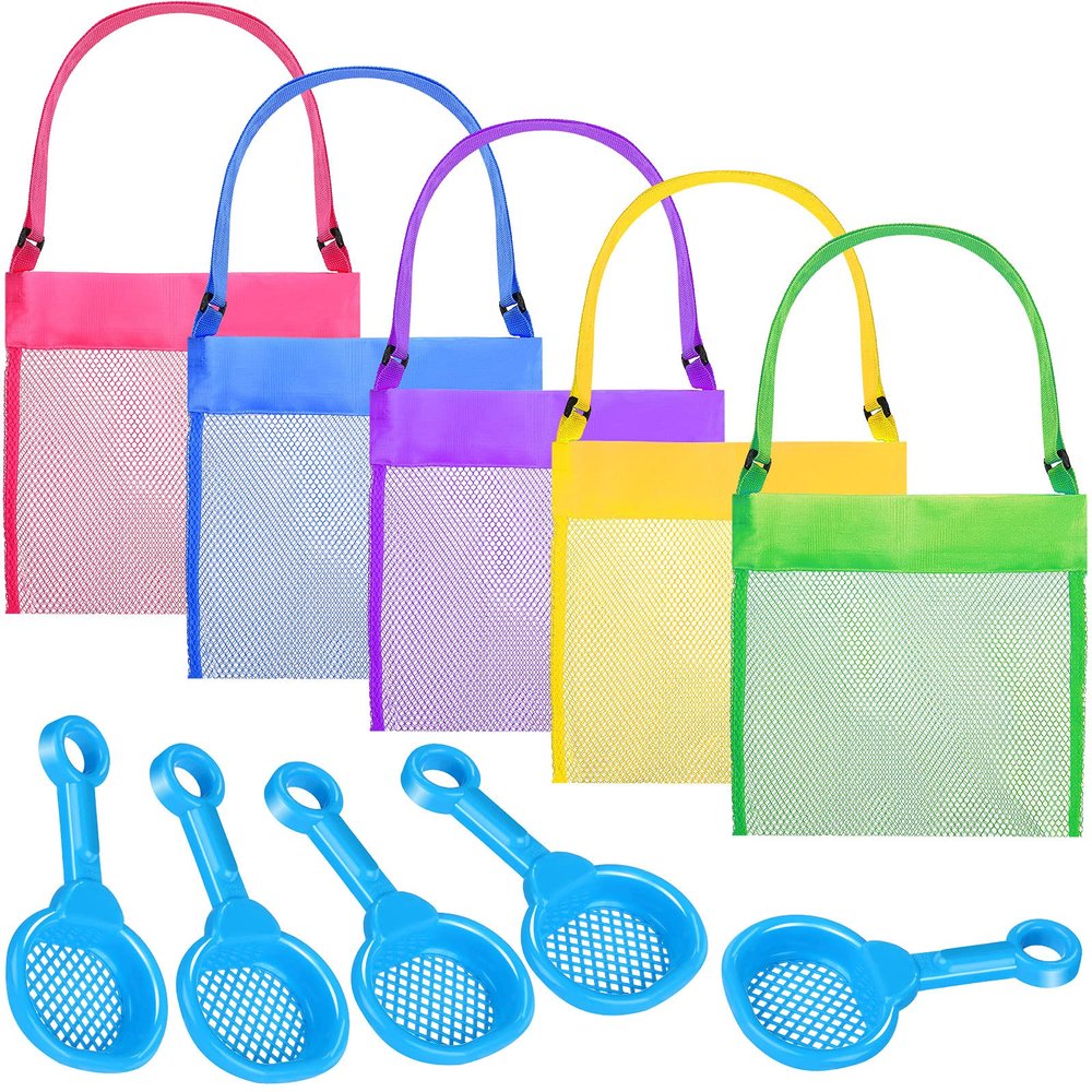 10 Pieces Shell Bag Mesh Seashell Bags Colorful Shell Collecting Bag Mesh Beach Bags with Sand Sifter Shovels Treasures Beach Toy Storage Kids