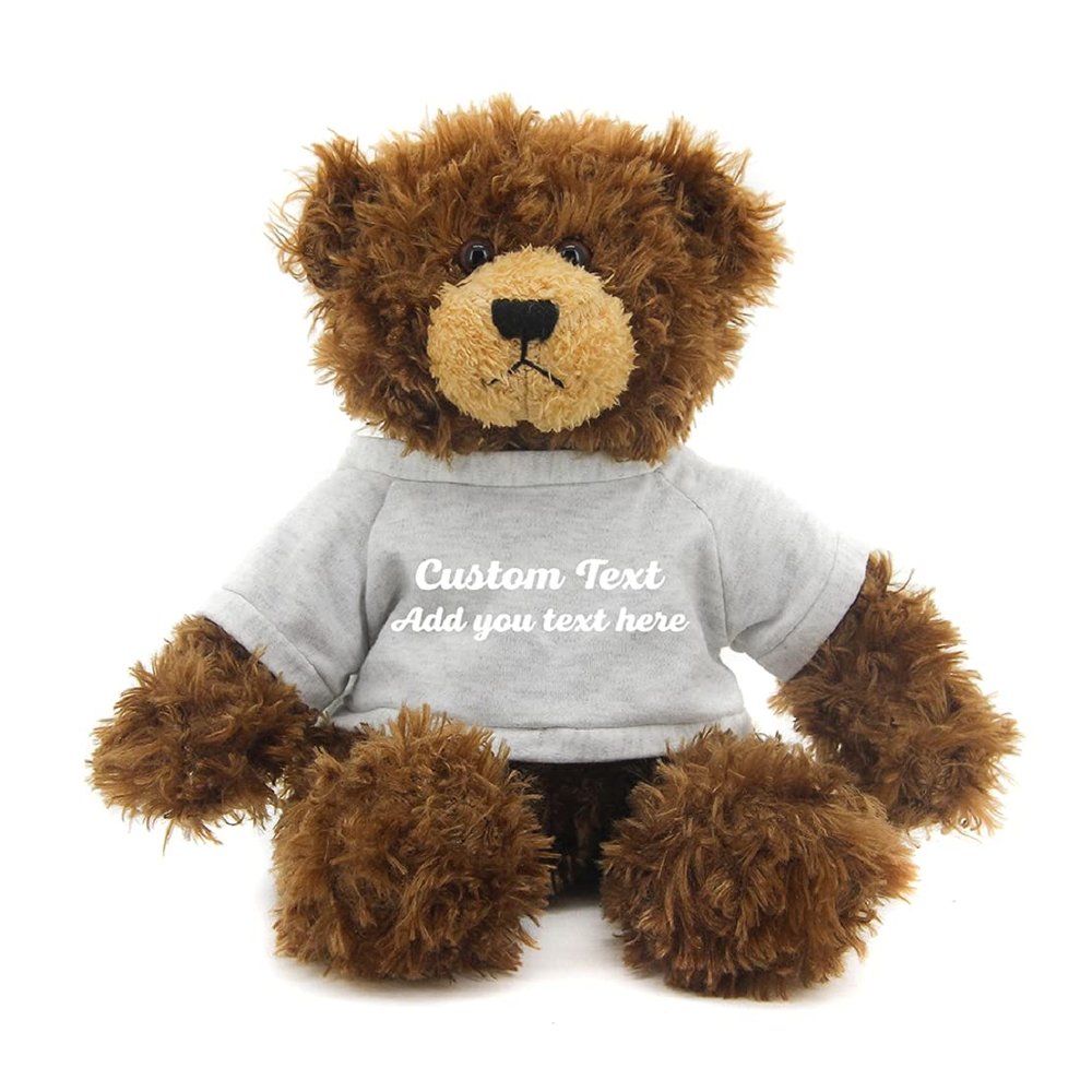 Made By Aliens Customized Chocolate Brandon Bear - 12 inch Personalized Stuffed Bear Plush Toy - Perfect Custom Shirt Bear Gift for Graduation Valentines Graduation Easter Holidays (Gray Shirt)
