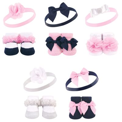 Hudson Baby Infant Girl Headband and Socks Giftset Navy White 10-Pack, One Size