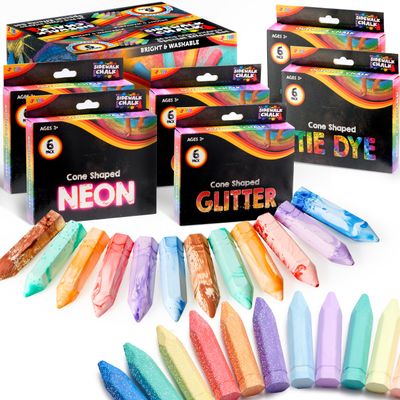 JOYIN 36 PCS Washable Sidewalk Chalk, 6 Packs Total, 3 Styles (Tie-Dye, Glitter & Neon), Outdoor Chalks for Painting, Drawing, Gifts for Kids