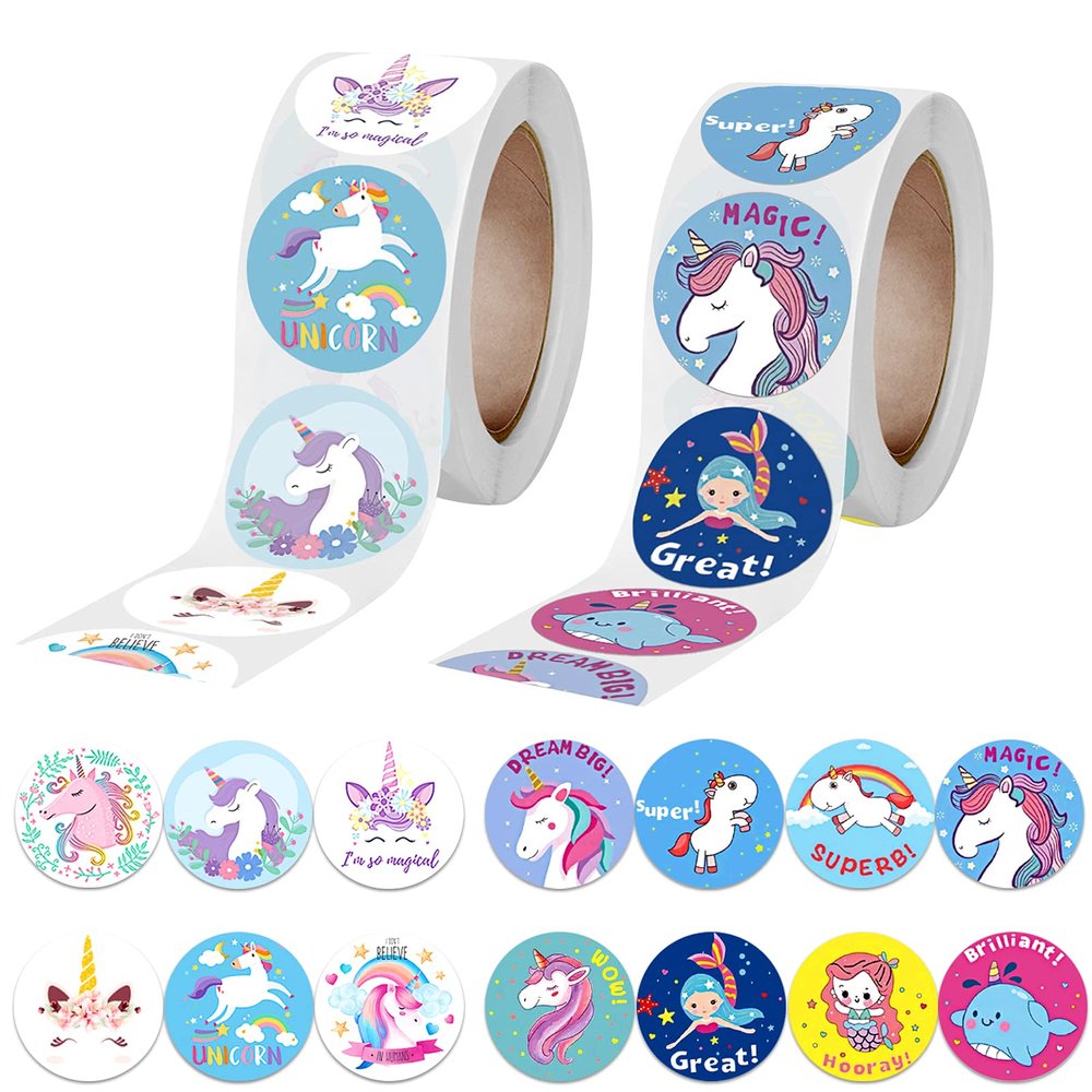 1000 Pcs Unico Stickers, Cute Unicorn Stickers Roll DIY Sticker 1 inch Self Adhesive DIY School Craft Sticker,Unico Decals for Birthday Party Crafts Gift Decor 2 Roll