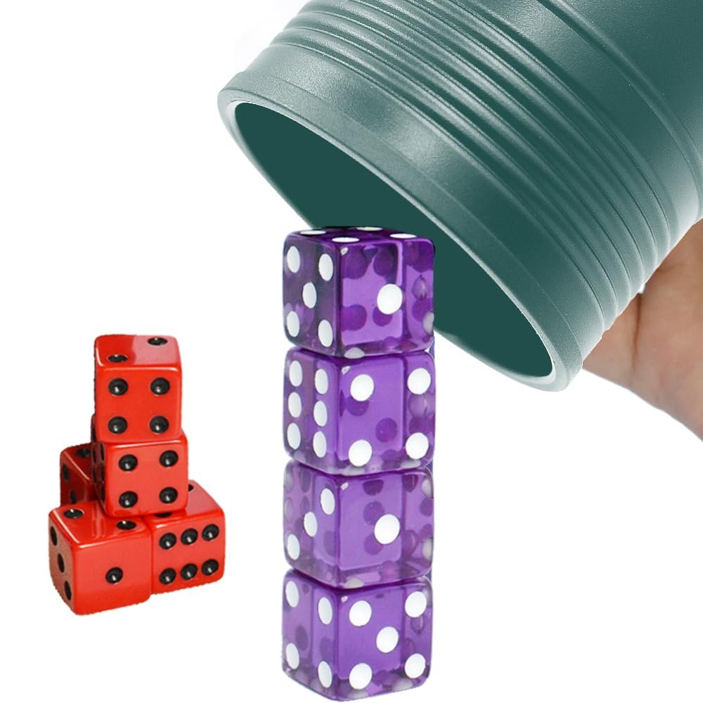 Dice Stacking Cup(Green) Set with 4 Pcs 19mm(Puple) and 5 Pcs 18mm(Red) Standard 6 Sided Dices, with Storage Bag-Magic Tricks Instruction