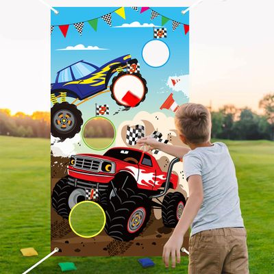 BeYumi Monster Truck Toss Game Banner with Bean Bags Checkered Party Game for Indoor Outdoor Activities 4 Score Holes Monster Truck Theme Birthday Party Supplies for Kid Adult