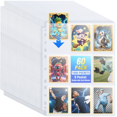 60 Pack 1080 Pockets Binder Card Sleeves Double-Sided 9 Pocket Trading Card Pages for 3 Ring Binder, Ultra-Clear Plastic Pages Sleeves for Sport Cards, Business Cards, Game Cards, Photos
